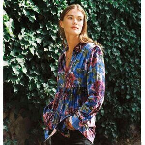 Anthropologie Maeve Reverie Tiered Velvet Tunic in Blue Motif - Size X-Small